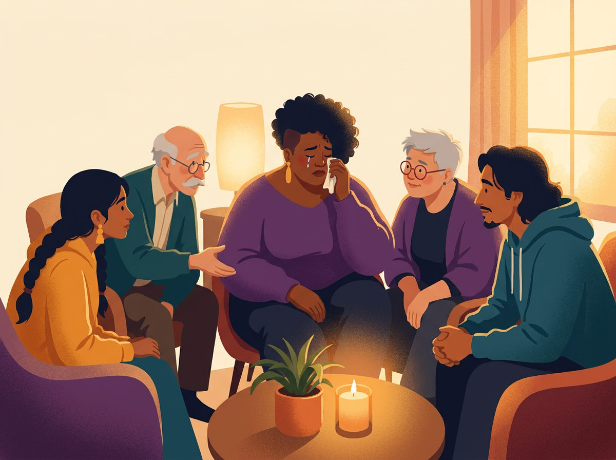 Illustration of a diverse group of people sitting in a warm circle of light at golden hour, facing one another