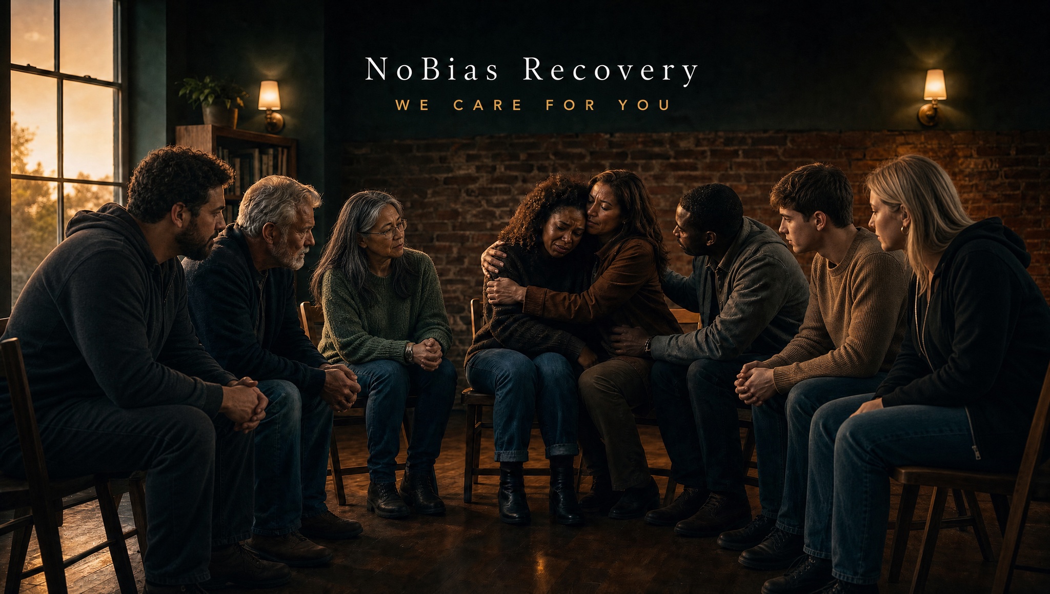 A warm photograph of eight people of diverse ages and backgrounds seated in a semi-circle of wooden chairs in a dimly lit room with dark teal walls, a rustic brick wall, and soft lamplight, with two women embracing at the center while the rest of the group looks on with empathy and care. The words NoBias Recovery appear at the top, with WE CARE FOR YOU beneath them.